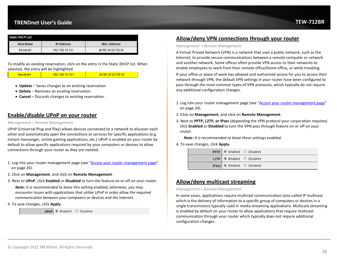 TRENDnet TEW712BR manual Enable/disable UPnP on your router, Allow/deny VPN connections through your router 