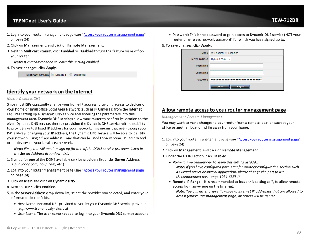 TRENDnet TEW712BR Identify your network on the Internet, Allow remote access to your router management, Main Dynamic DNS 