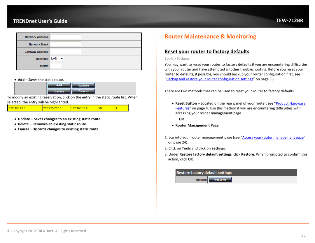 TRENDnet TEW712BR manual Router Maintenance & Monitoring, Reset your router to factory defaults, Tools Settings 