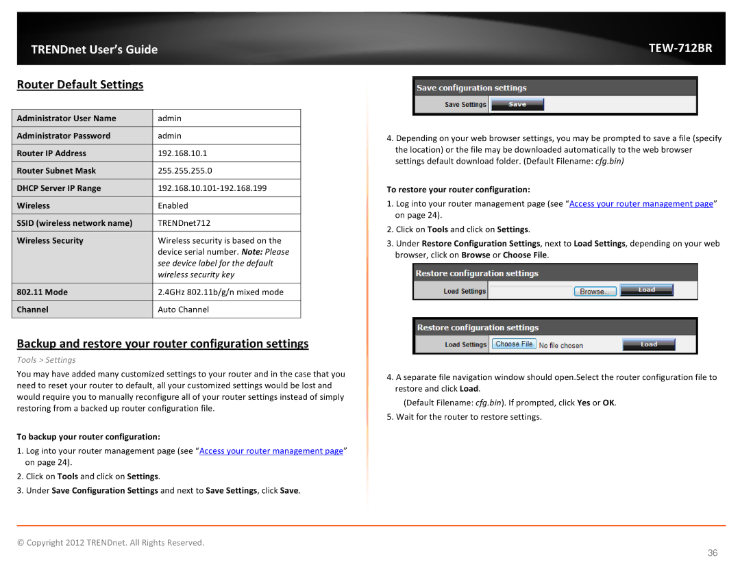 TRENDnet TEW712BR manual Router Default Settings, Backup and restore your router configuration settings 