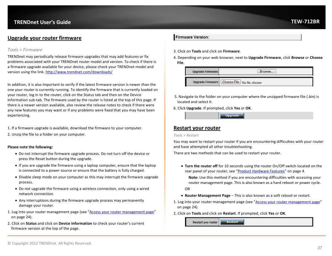 TRENDnet TEW712BR manual Upgrade your router firmware, Restart your router, Please note the following, Tools Restart 