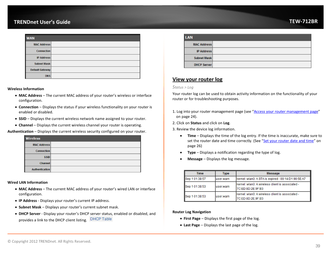 TRENDnet TEW712BR View your router log, Wireless Information, Wired LAN Information, Status Log, Router Log Navigation 