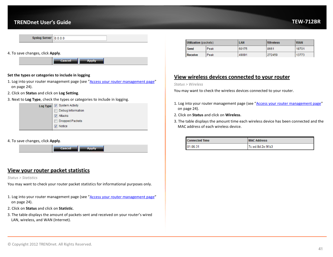 TRENDnet TEW712BR View your router packet statistics, View wireless devices connected to your router, Status Statistics 