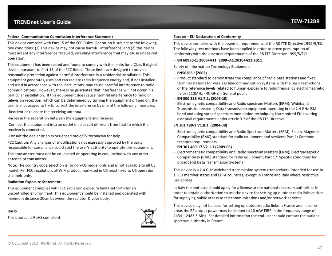 TRENDnet TEW712BR manual Federal Communication Commission Interference Statement, Radiation Exposure Statement, RoHS 