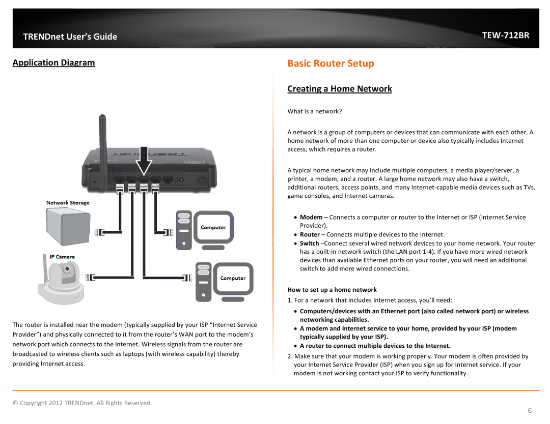 TRENDnet TEW712BR manual Basic Router Setup, Application Diagram, Creating a Home Network, How to set up a home network 