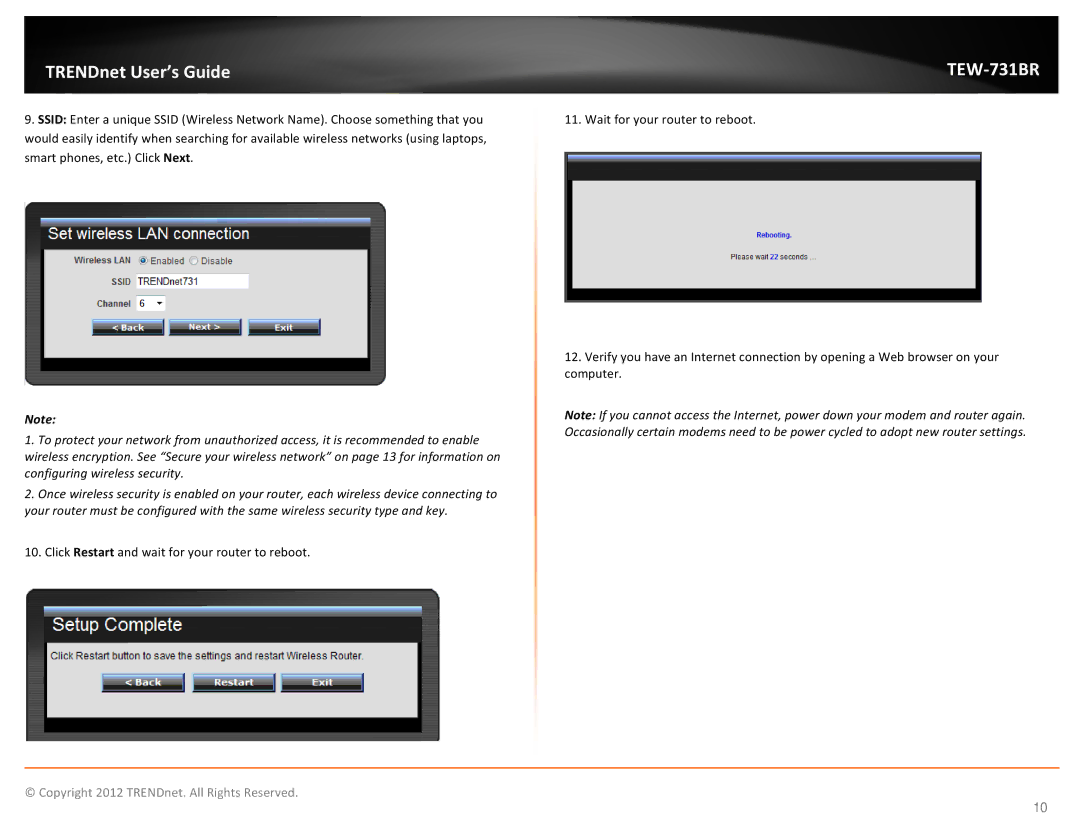 TRENDnet TEW731BR manual Click Restart and wait for your router to reboot 