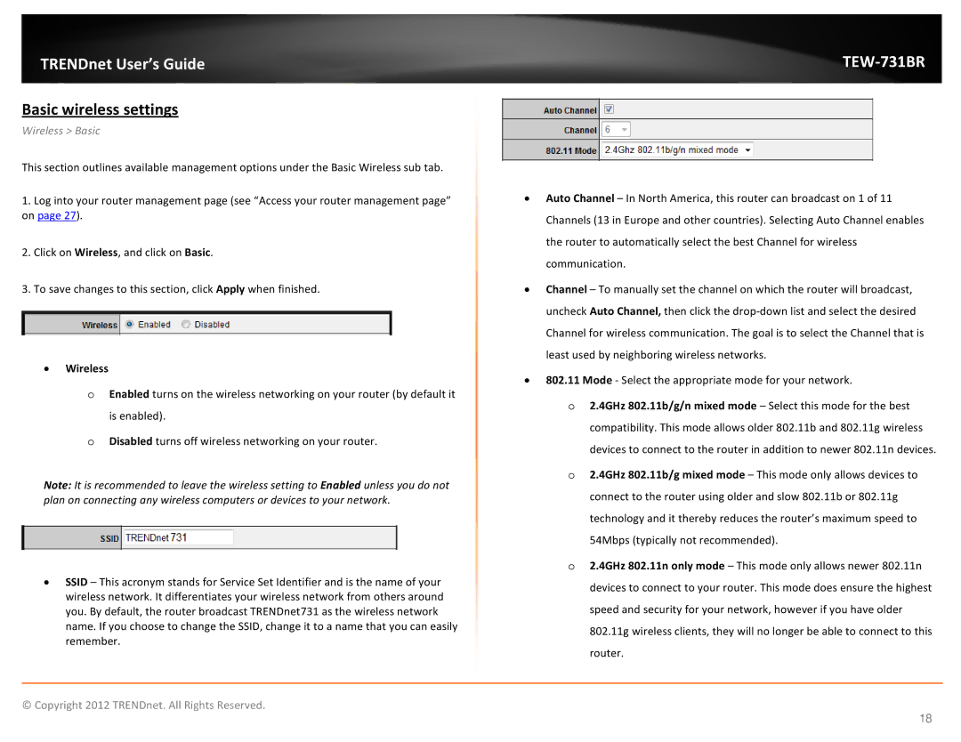 TRENDnet TEW731BR manual Basic wireless settings, Wireless Basic 