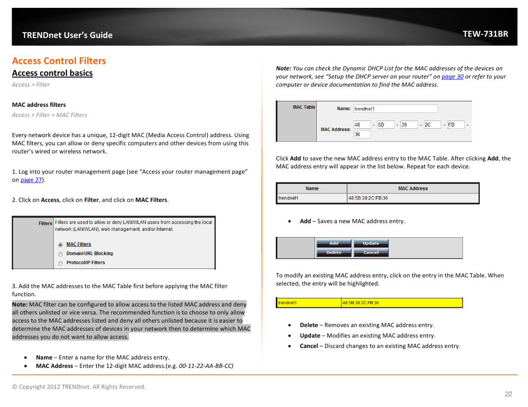 TRENDnet TEW731BR manual Access Control Filters, Access control basics, Access Filter, MAC address filters 