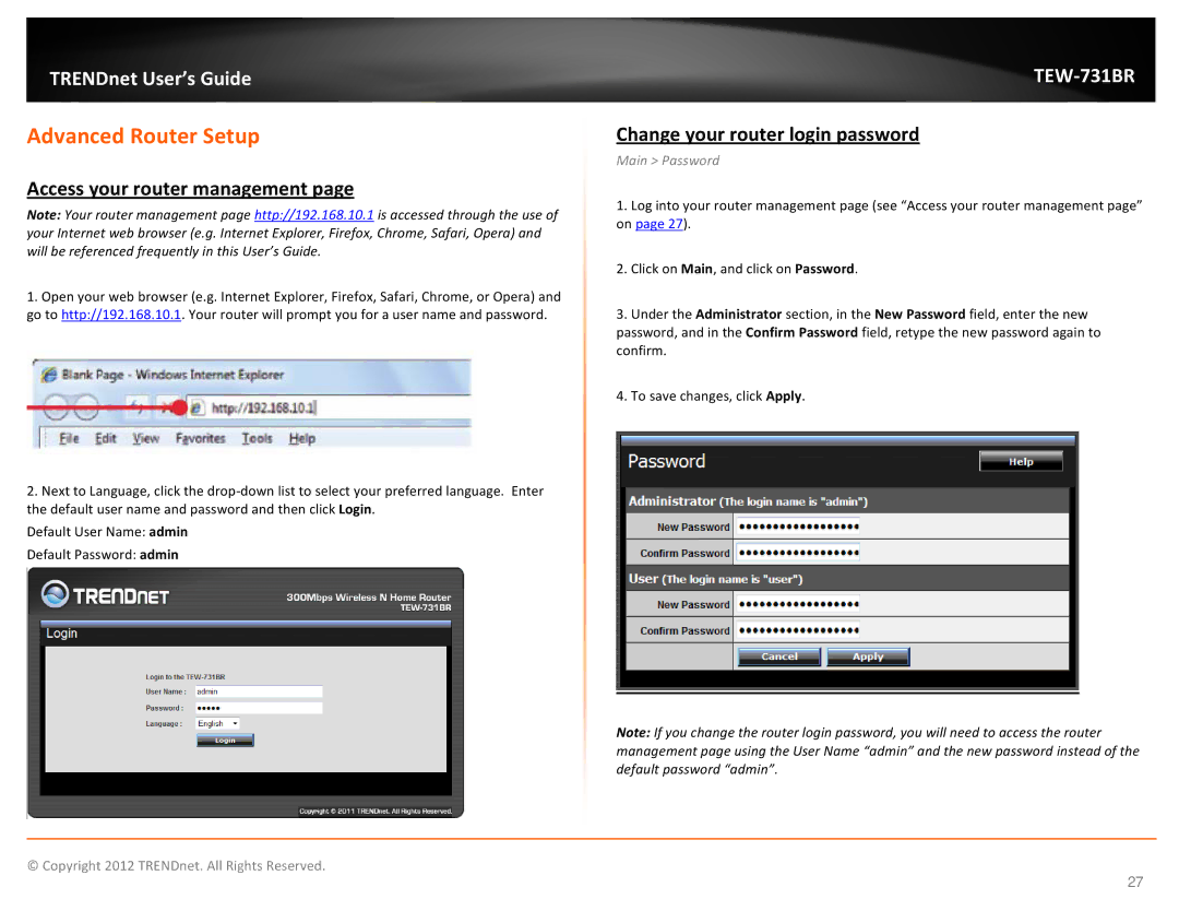 TRENDnet TEW731BR Advanced Router Setup, Access your router management, Change your router login password, Main Password 