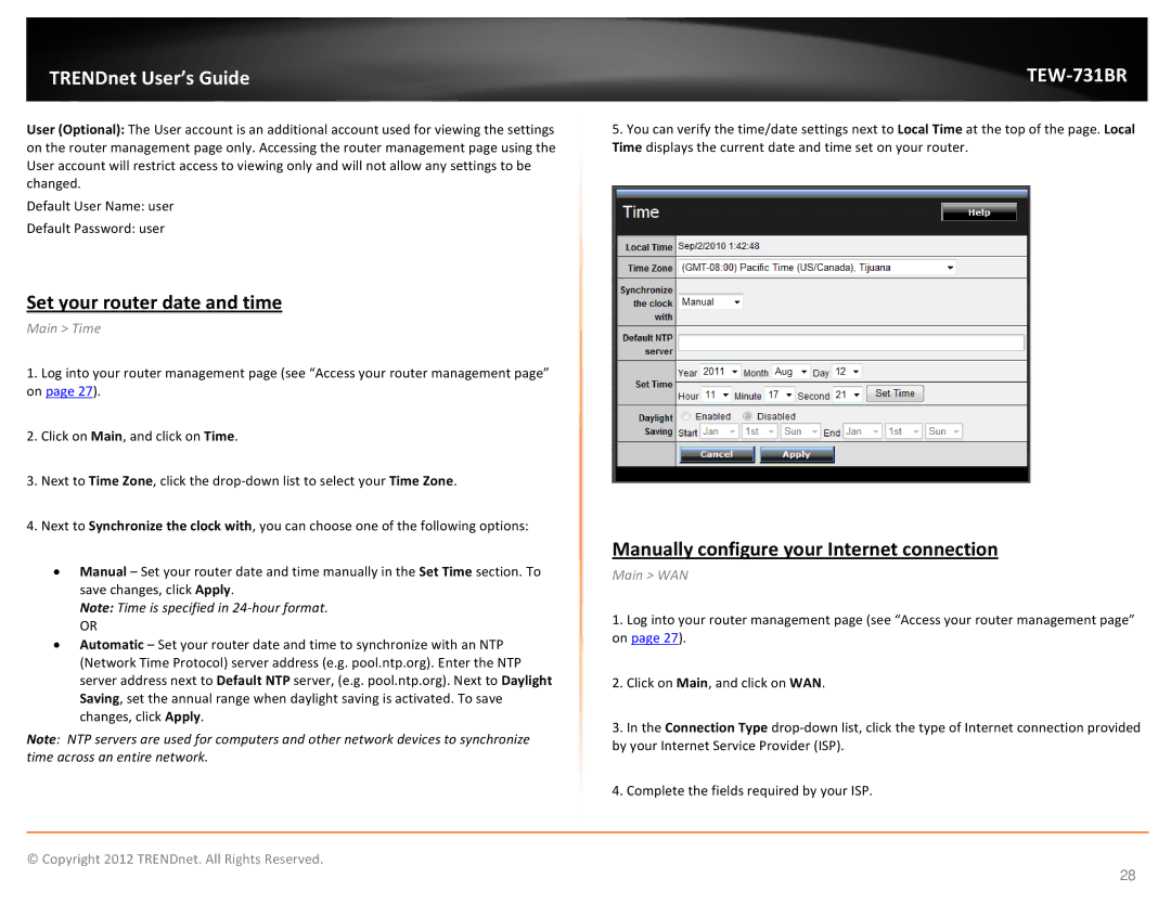 TRENDnet TEW731BR manual Set your router date and time, Manually configure your Internet connection, Main Time, Main WAN 
