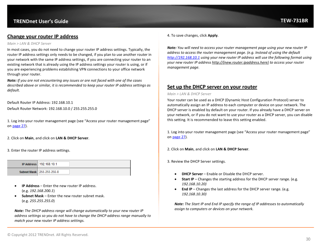 TRENDnet TEW731BR manual Change your router IP address, Set up the Dhcp server on your router, Main LAN & Dhcp Server 