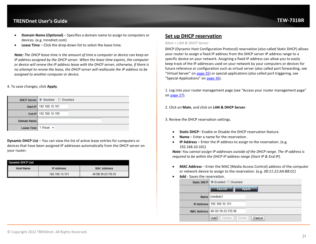 TRENDnet TEW731BR manual Set up Dhcp reservation 