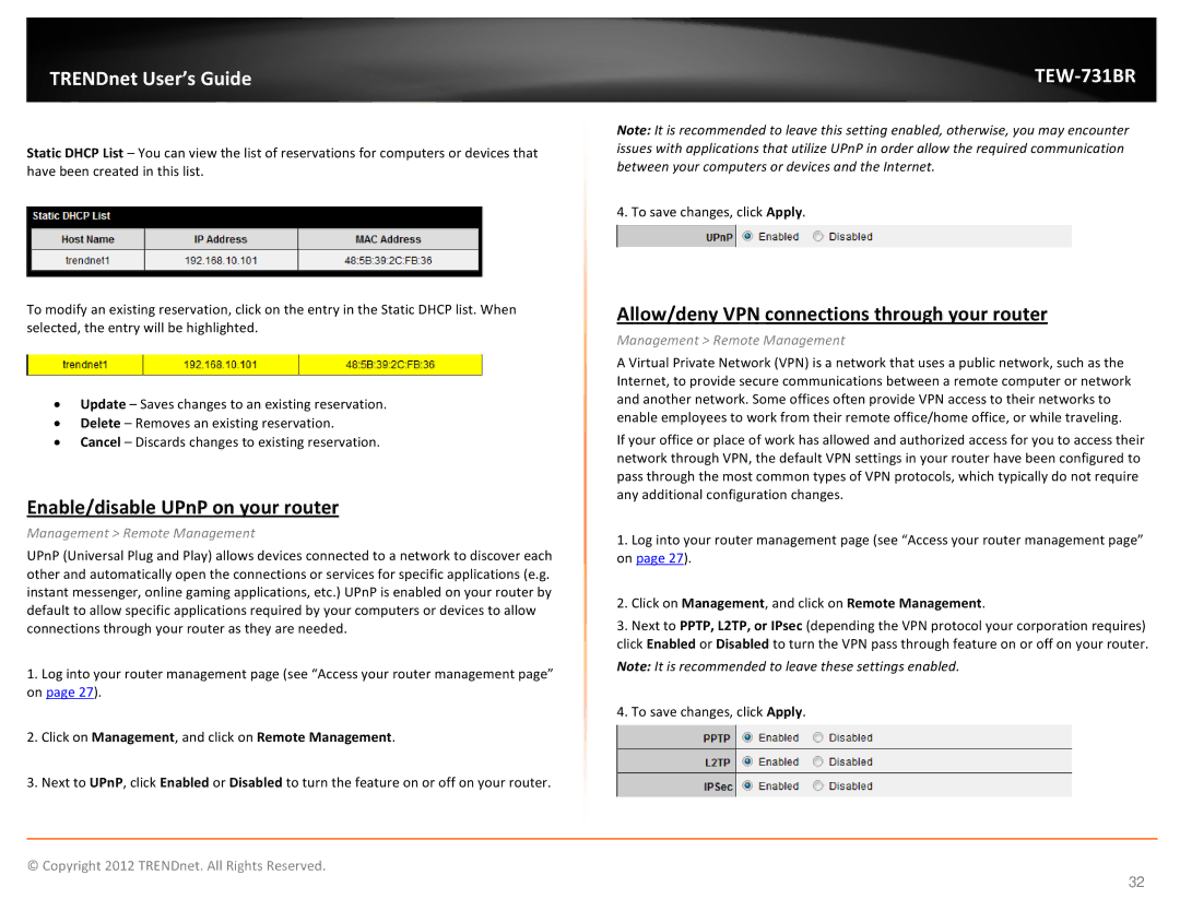 TRENDnet TEW731BR manual Enable/disable UPnP on your router, Allow/deny VPN connections through your router 