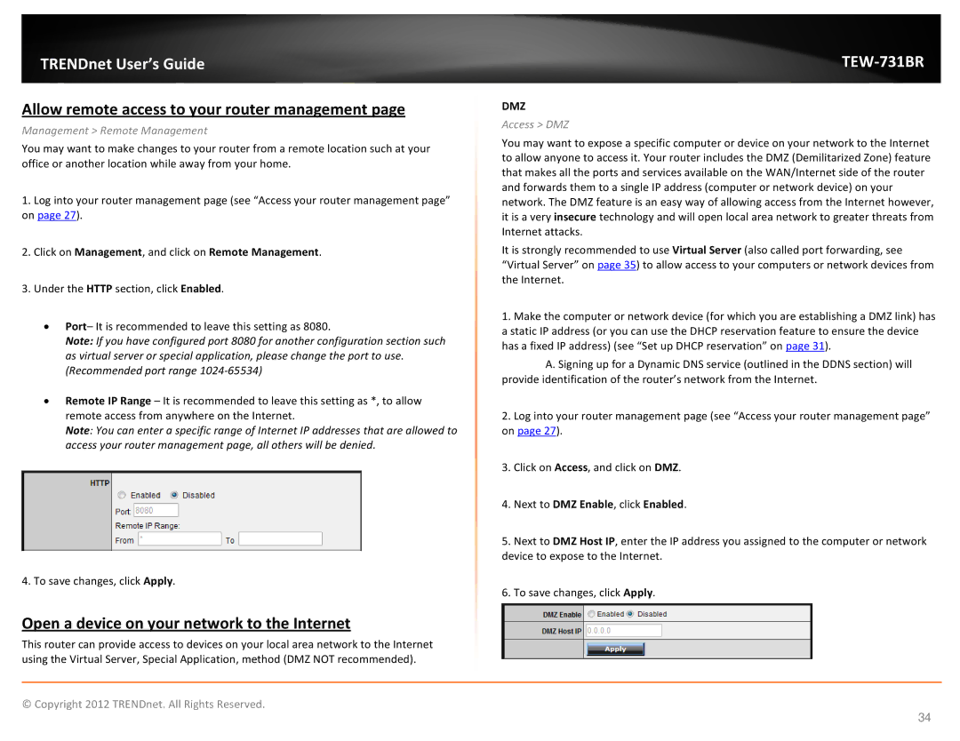TRENDnet TEW731BR Allow remote access to your router management, Open a device on your network to the Internet, Access DMZ 
