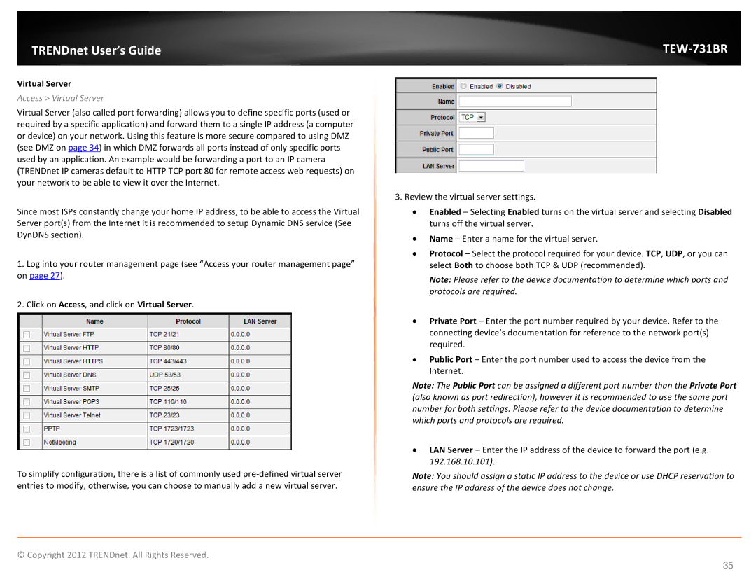 TRENDnet TEW731BR manual Access Virtual Server 