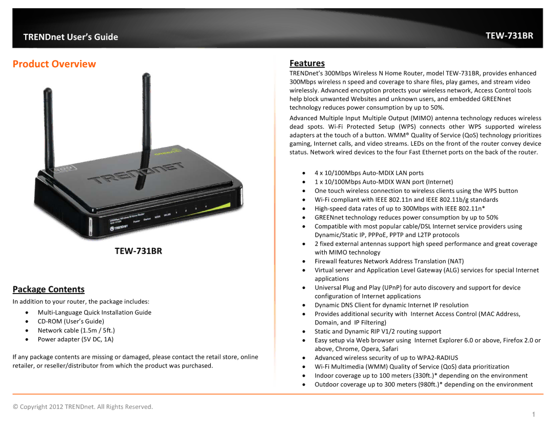 TRENDnet TEW731BR manual Product Overview, Package Contents, Features 