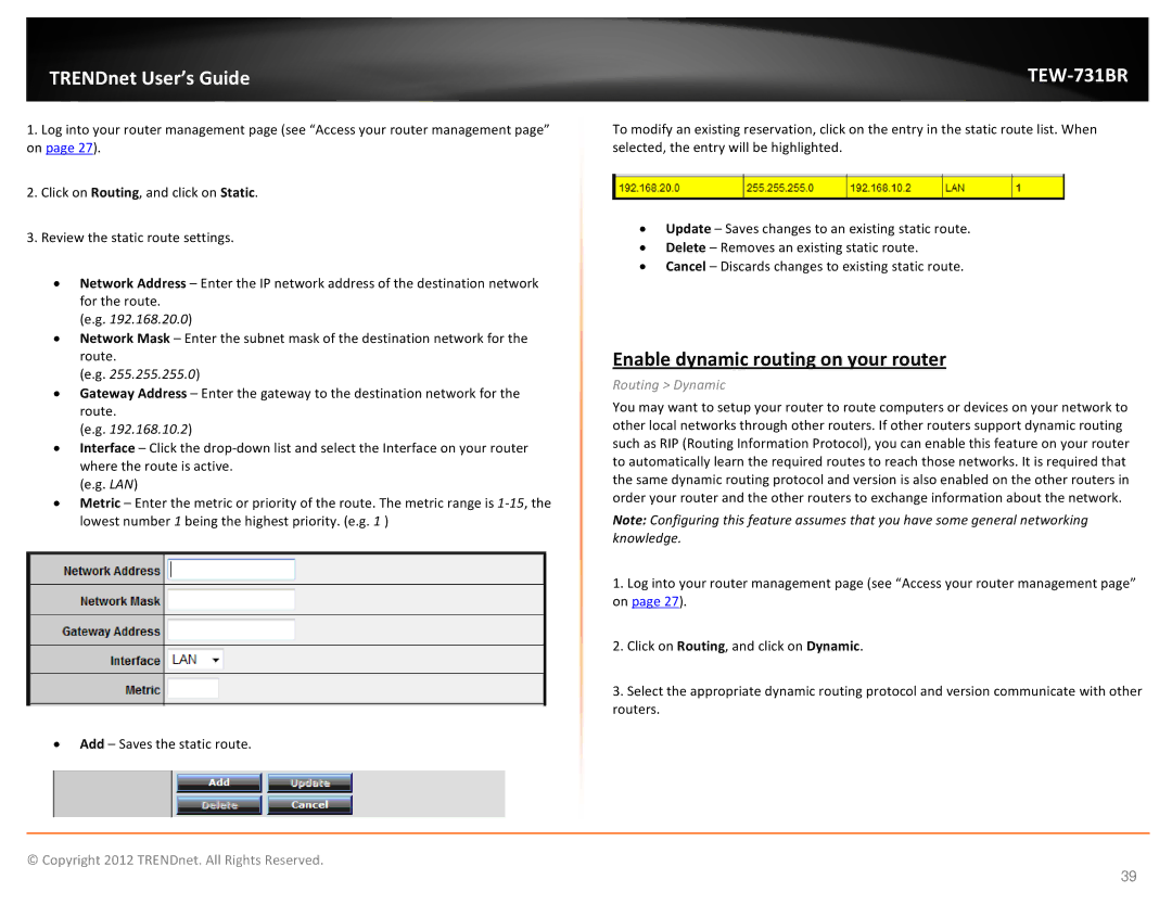 TRENDnet TEW731BR manual Enable dynamic routing on your router, Routing Dynamic 