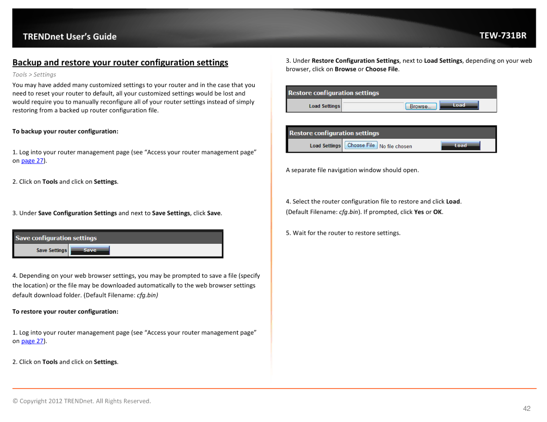 TRENDnet TEW731BR manual Backup and restore your router configuration settings, To backup your router configuration 