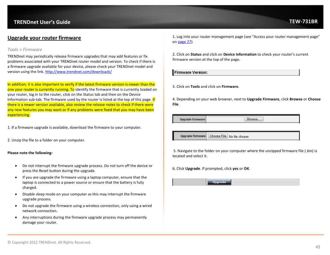 TRENDnet TEW731BR manual Upgrade your router firmware, Please note the following 