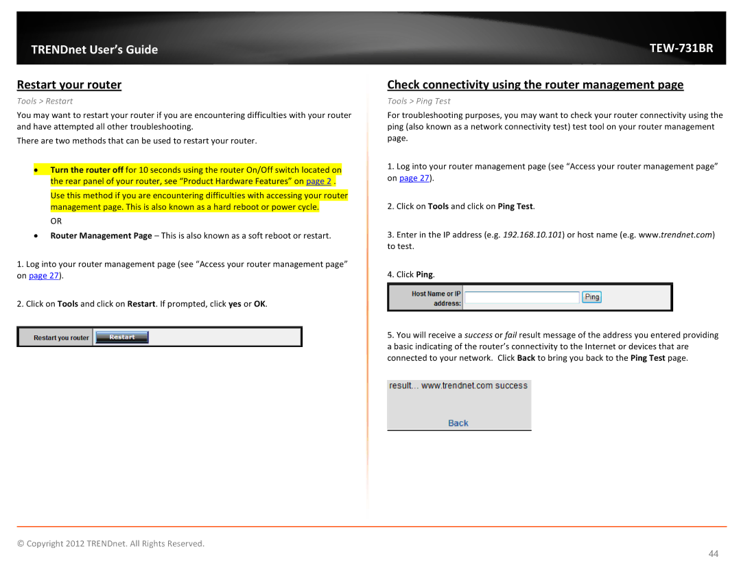 TRENDnet TEW731BR Restart your router, Check connectivity using the router management, Tools Restart, Tools Ping Test 