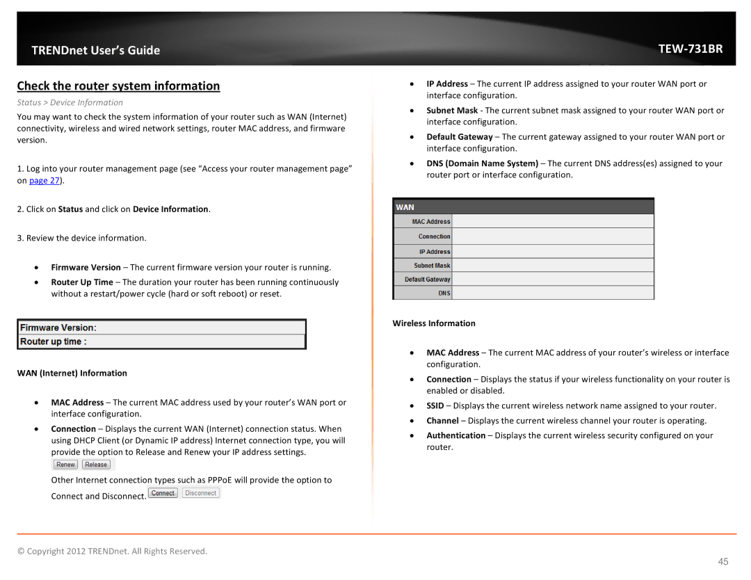 TRENDnet TEW731BR manual Check the router system information, Status Device Information, WAN Internet Information 