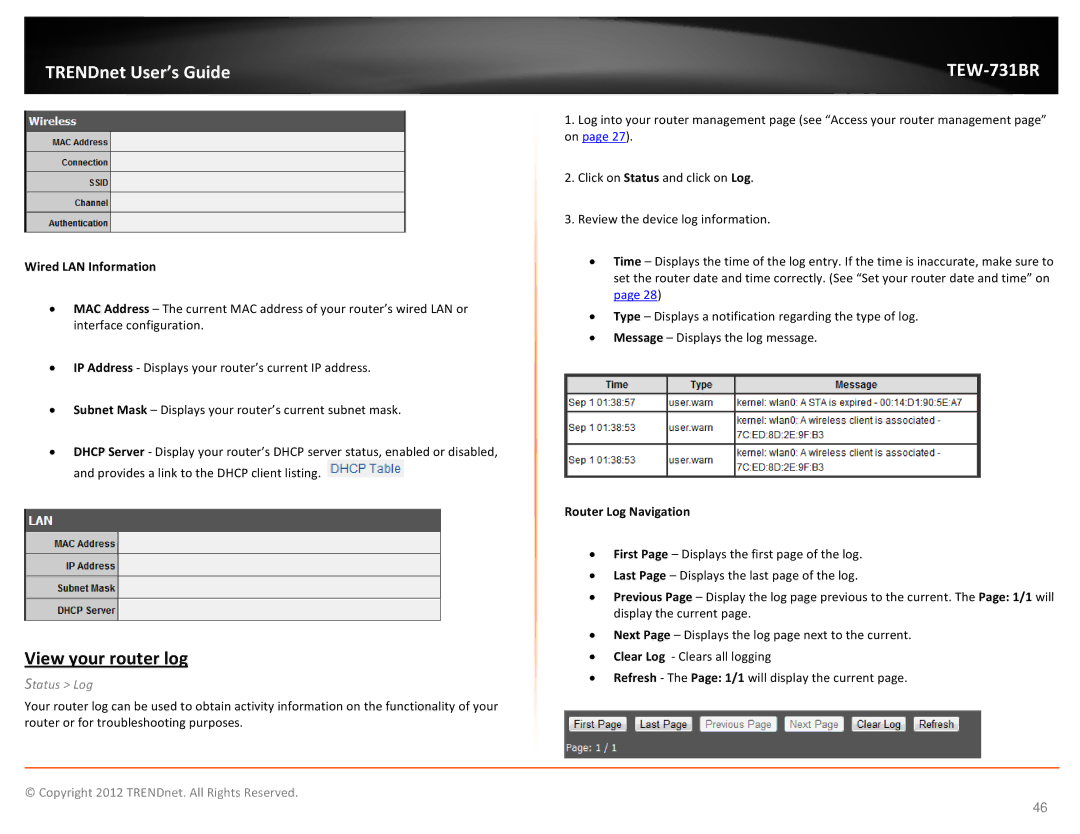 TRENDnet TEW731BR manual View your router log, Wired LAN Information, Status Log, Router Log Navigation 