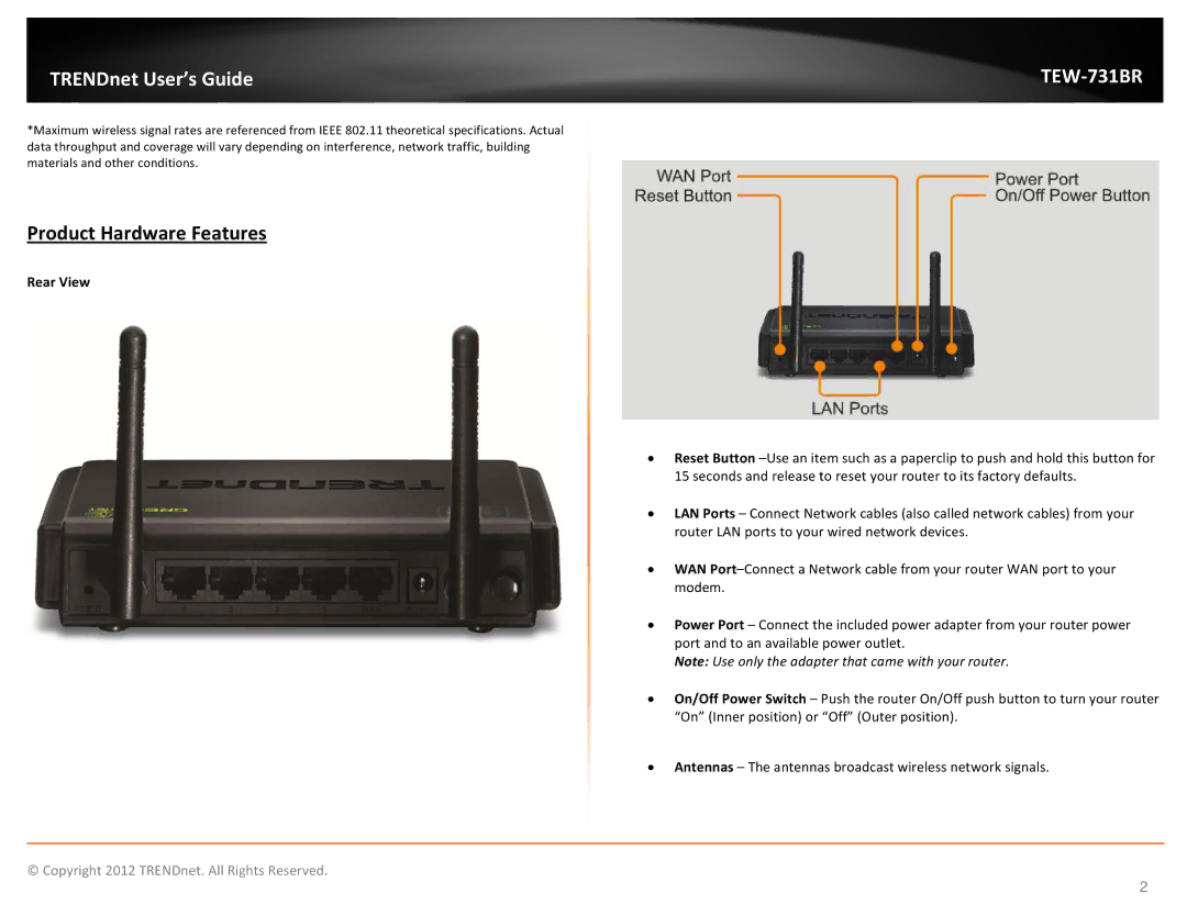 TRENDnet TEW731BR manual Product Hardware Features, Rear View 