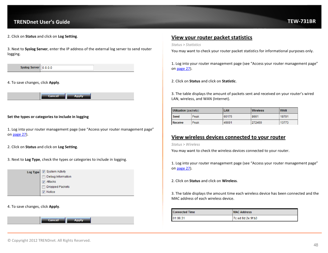 TRENDnet TEW731BR View your router packet statistics, View wireless devices connected to your router, Status Statistics 