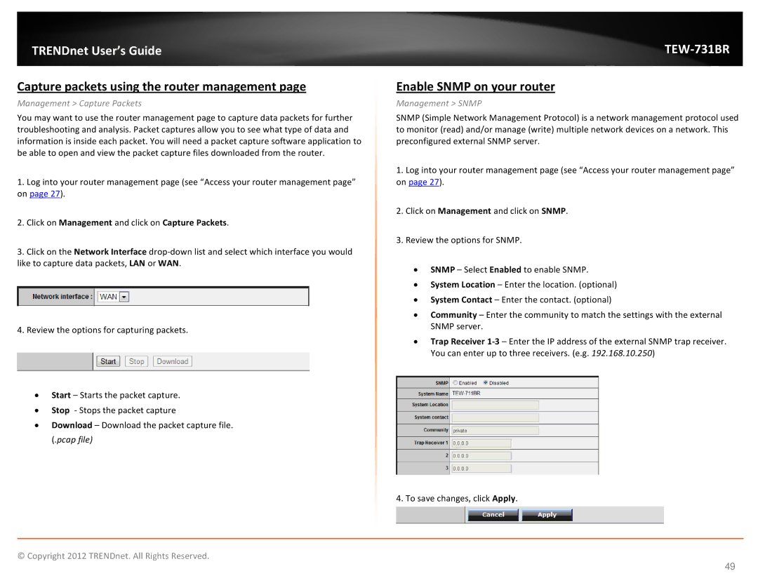 TRENDnet TEW731BR Capture packets using the router management, Enable Snmp on your router, Management Capture Packets 