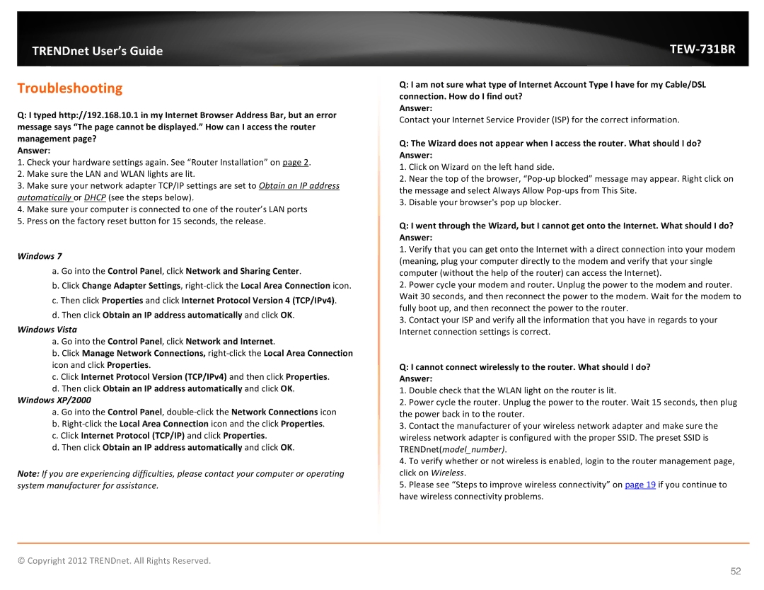 TRENDnet TEW731BR manual Troubleshooting, Then click Obtain an IP address automatically and click OK 