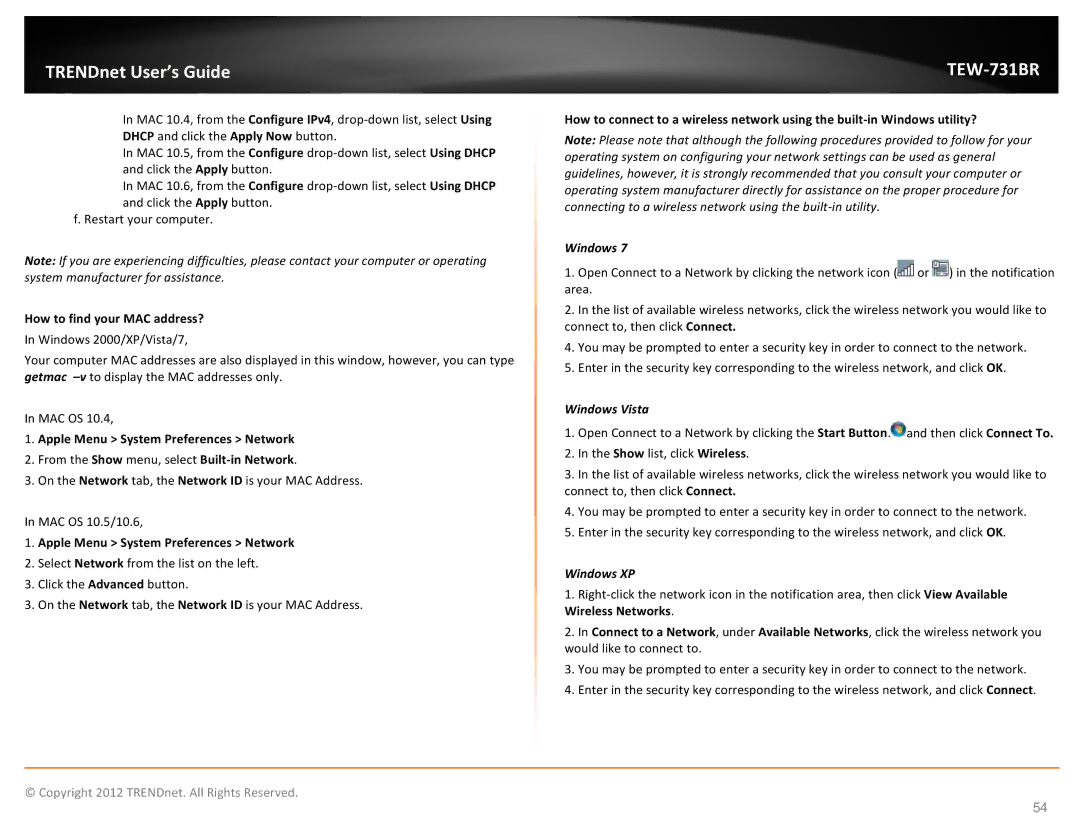 TRENDnet TEW731BR manual How to find your MAC address?, Apple Menu System Preferences Network 