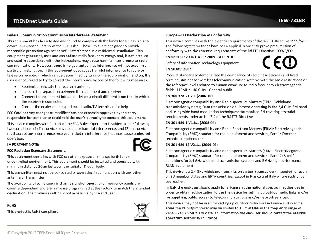 TRENDnet TEW731BR manual Federal Communication Commission Interference Statement, FCC Radiation Exposure Statement, RoHS 