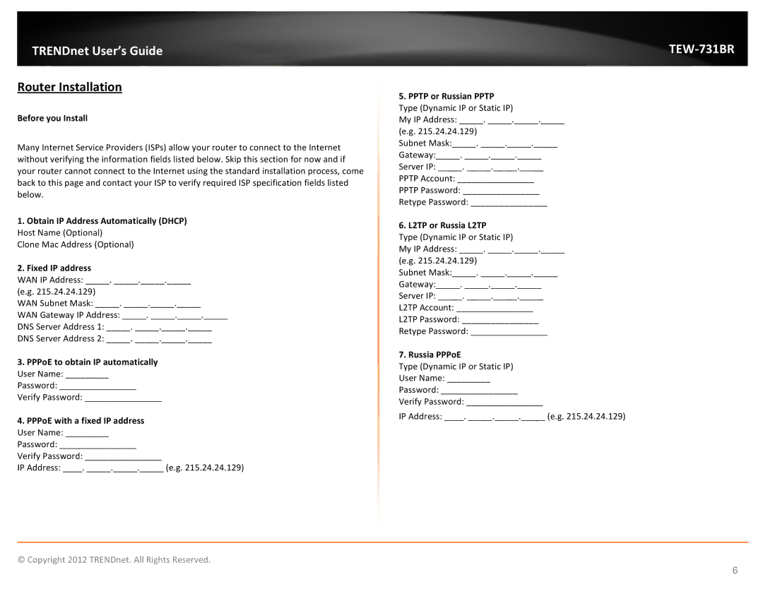 TRENDnet TEW731BR manual Router Installation 