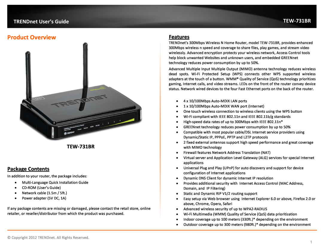 TRENDnet TEW731BR manual Product Overview, TEW-731BR Package Contents, Features, TRENDnet User’s Guide 