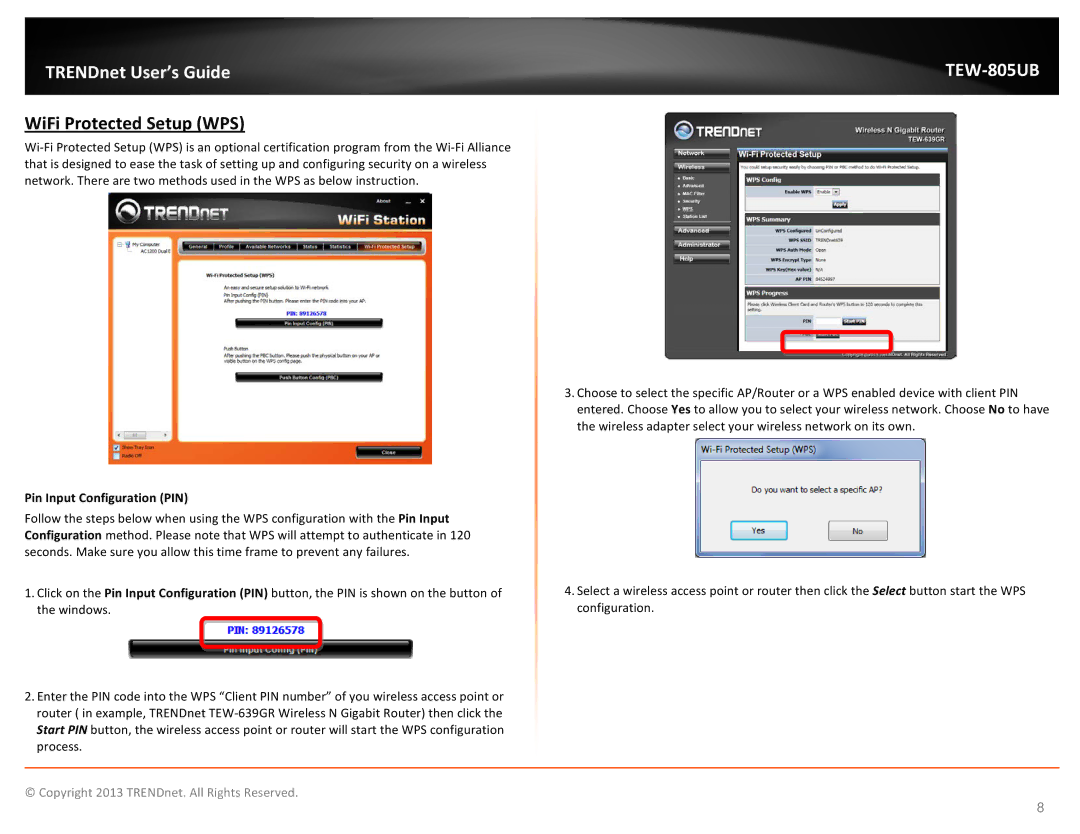 TRENDnet TEW805UB manual WiFi Protected Setup WPS, Pin Input Configuration PIN 