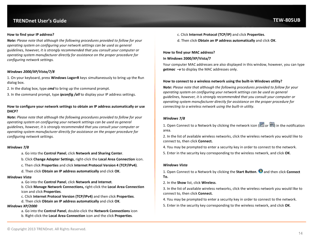 TRENDnet TEW805UB manual How to find your IP address?, Windows 2000/XP/Vista/7/8 