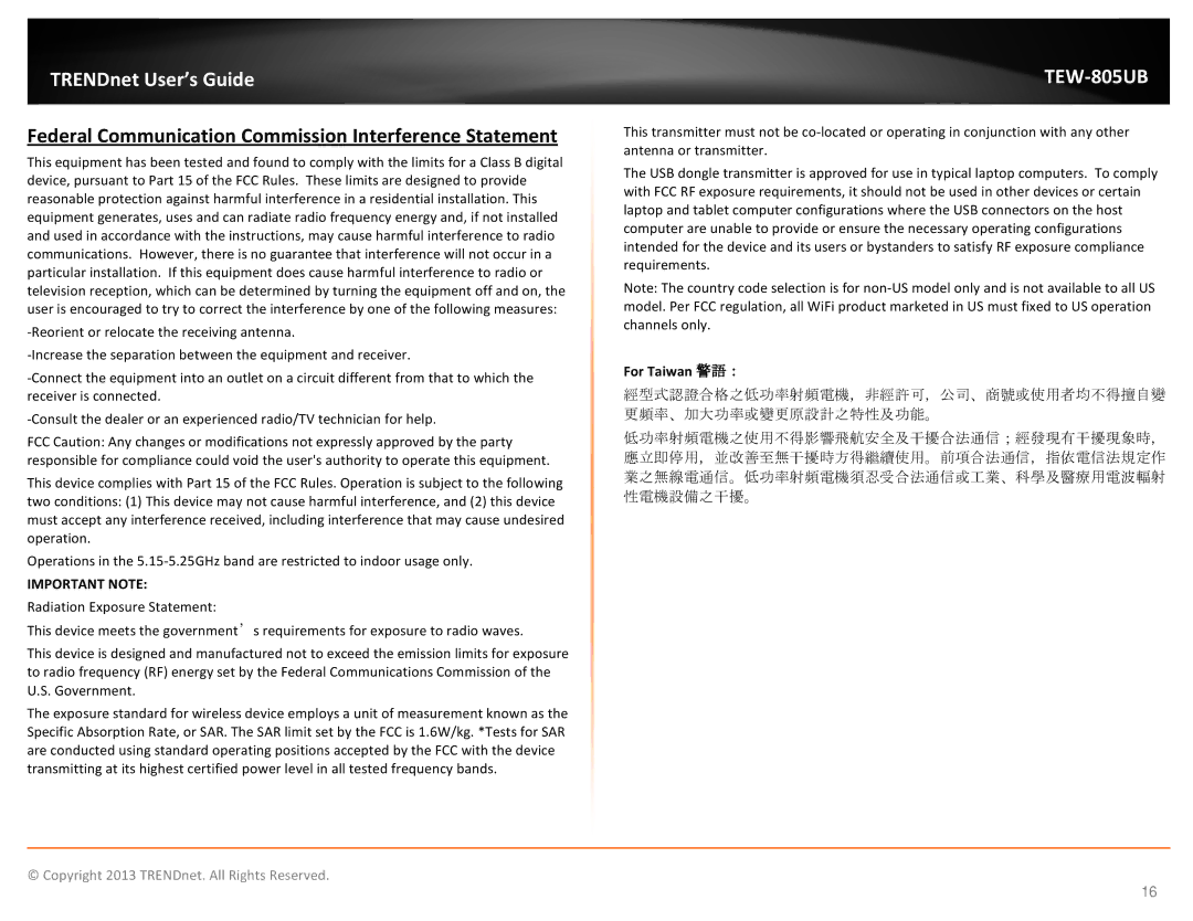 TRENDnet TEW805UB manual Federal Communication Commission Interference Statement, For Taiwan 警語： 