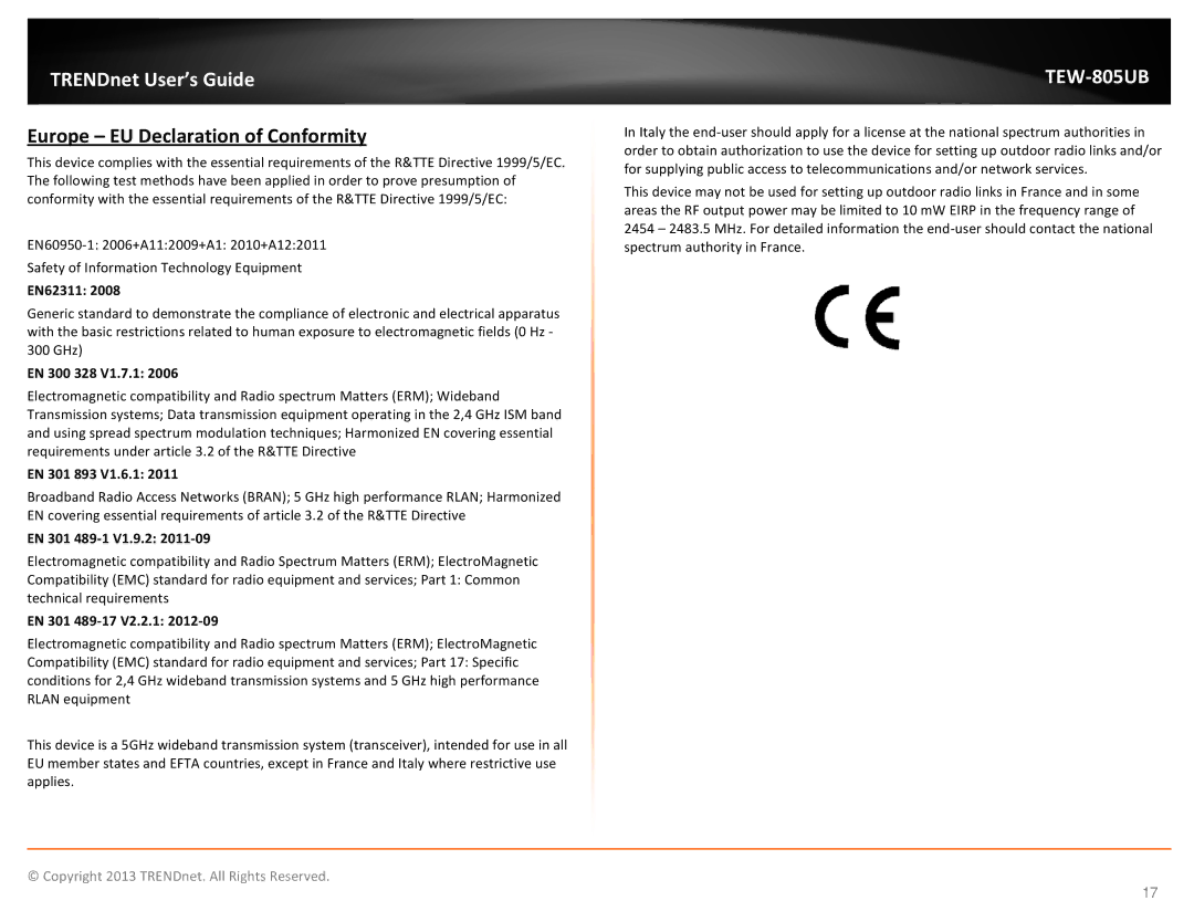 TRENDnet TEW805UB manual Europe EU Declaration of Conformity 