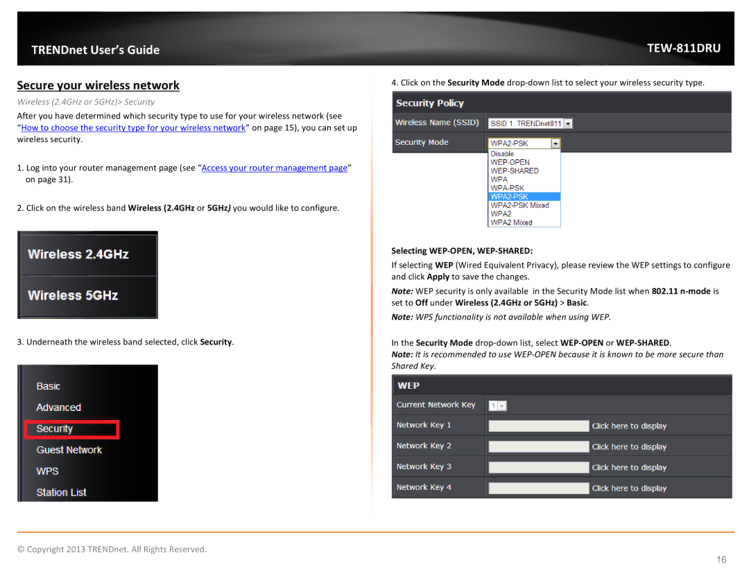 TRENDnet TEW811DRU manual Secure your wireless network, Wireless 2.4GHz or 5GHz Security, Selecting WEP-OPEN, WEP-SHARED 