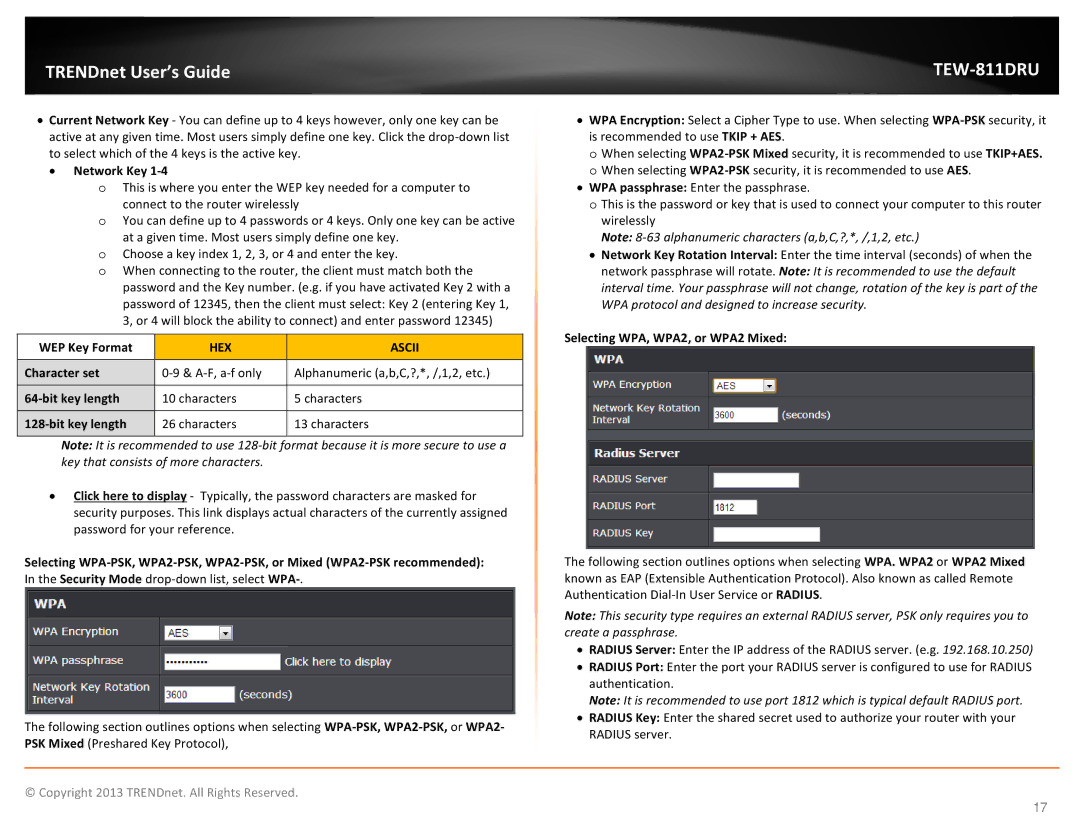 TRENDnet TEW811DRU manual Network Key, Selecting WPA, WPA2, or WPA2 Mixed, WEP Key Format, Character set, Bit key length 