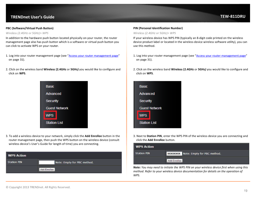 TRENDnet TEW811DRU manual PBC Software/Virtual Push Button, Wireless 2.4GHz or 5GHz WPS, PIN Personal Identification Number 