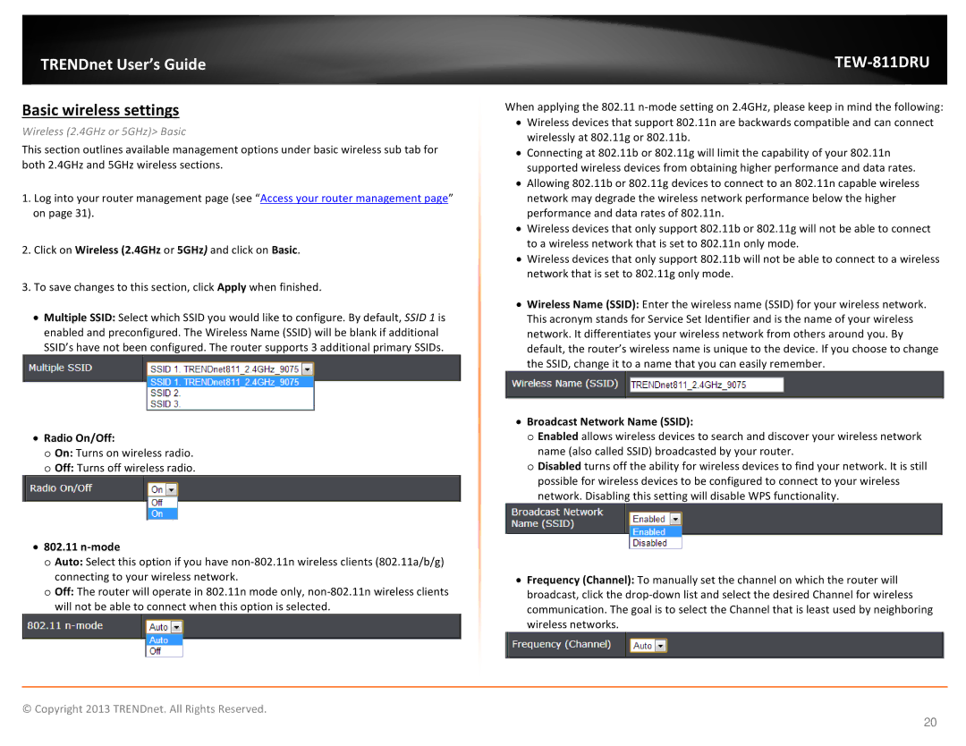 TRENDnet TEW811DRU Basic wireless settings, Wireless 2.4GHz or 5GHz Basic, Radio On/Off, Mode, Broadcast Network Name Ssid 