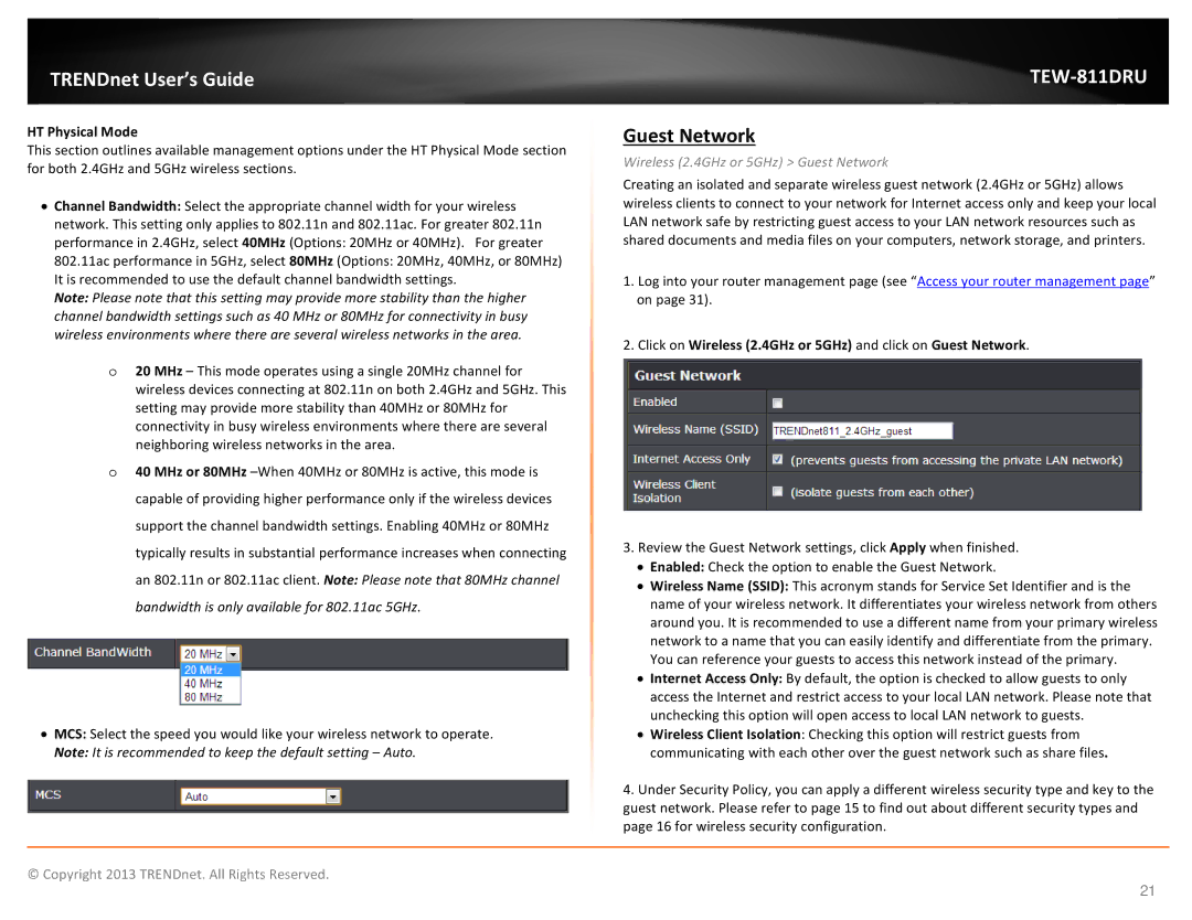TRENDnet TEW811DRU manual HT Physical Mode, Wireless 2.4GHz or 5GHz Guest Network 