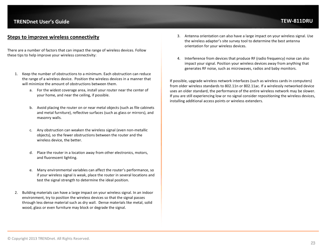 TRENDnet TEW811DRU manual Steps to improve wireless connectivity 