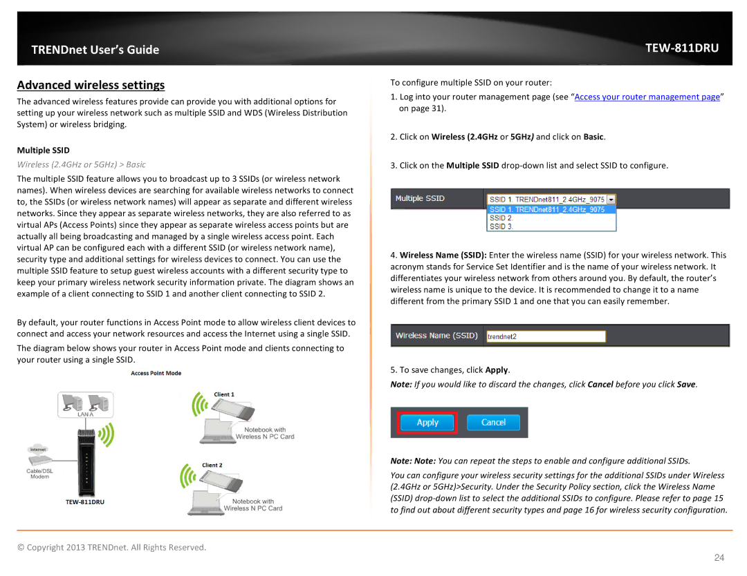 TRENDnet TEW811DRU manual Advanced wireless settings, Multiple Ssid 