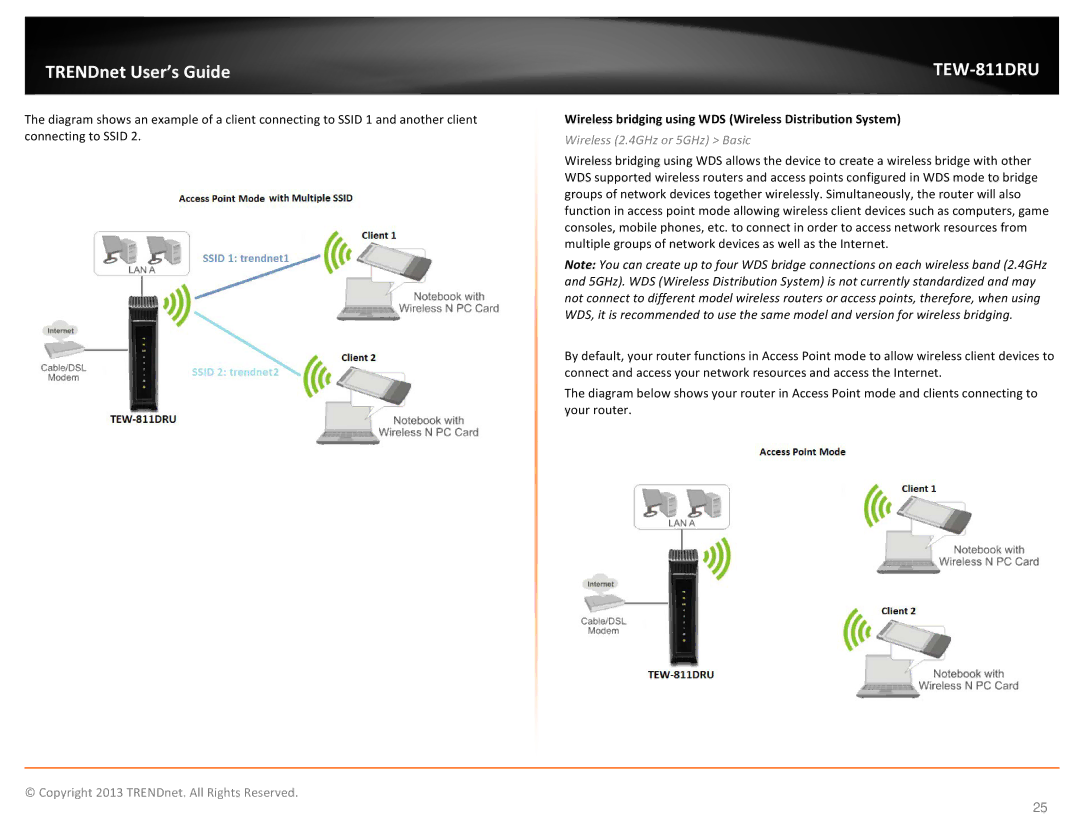 TRENDnet TEW811DRU manual Wireless bridging using WDS Wireless Distribution System 