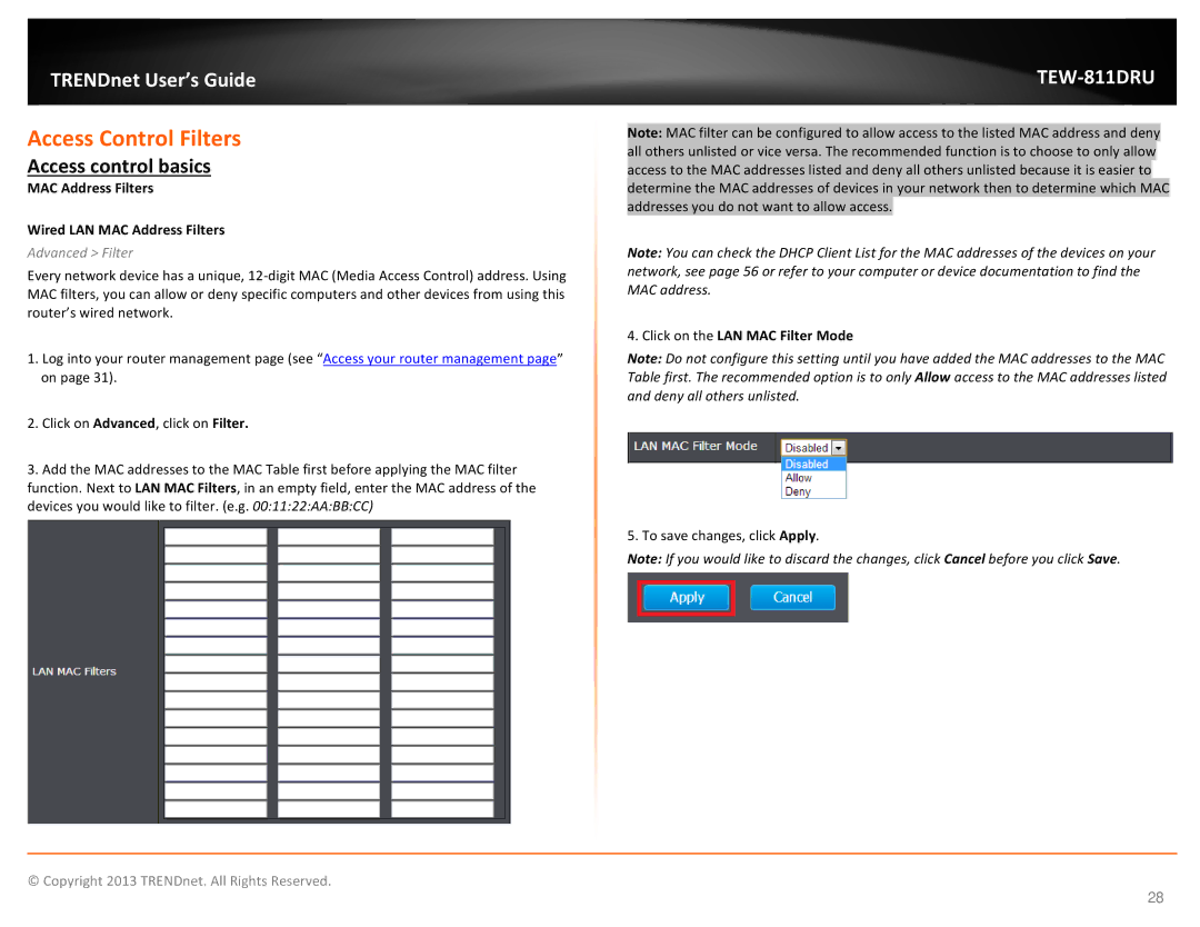 TRENDnet TEW811DRU manual Access Control Filters, Access control basics, MAC Address Filters Wired LAN MAC Address Filters 