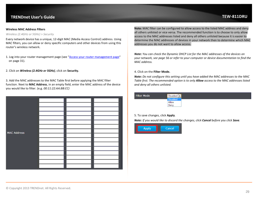 TRENDnet TEW811DRU manual Wireless MAC Address Filters, Click on Wireless 2.4GHz or 5GHz, click on Security 