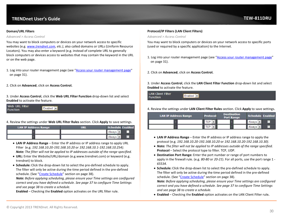 TRENDnet TEW811DRU manual Doman/URL Filters, Advanced Access Control, Click on Advanced, click on Access Control 