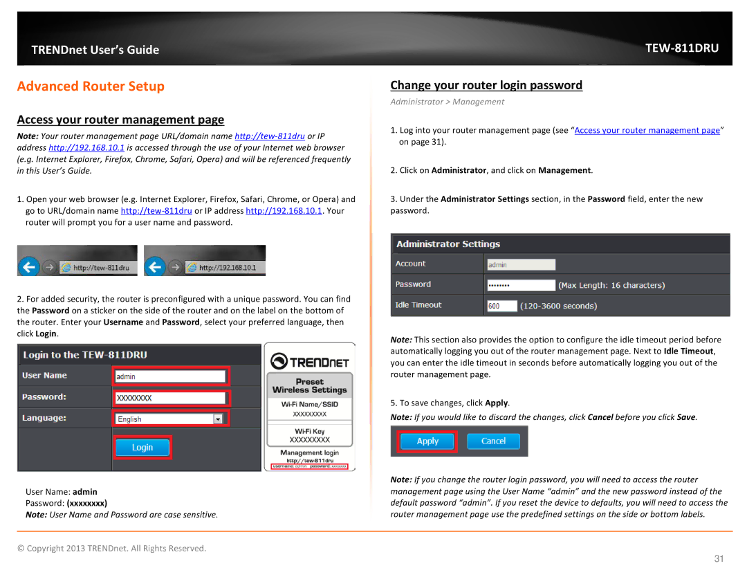 TRENDnet TEW811DRU manual Advanced Router Setup, Access your router management, Change your router login password 